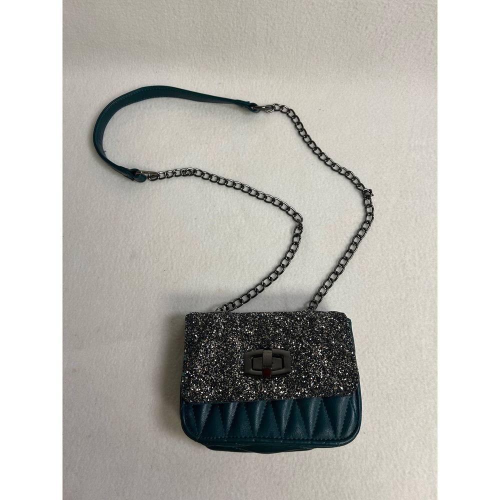 Glam Party Express Womens Small Teal Green Quilted Glitter Flap Crossbody Bag